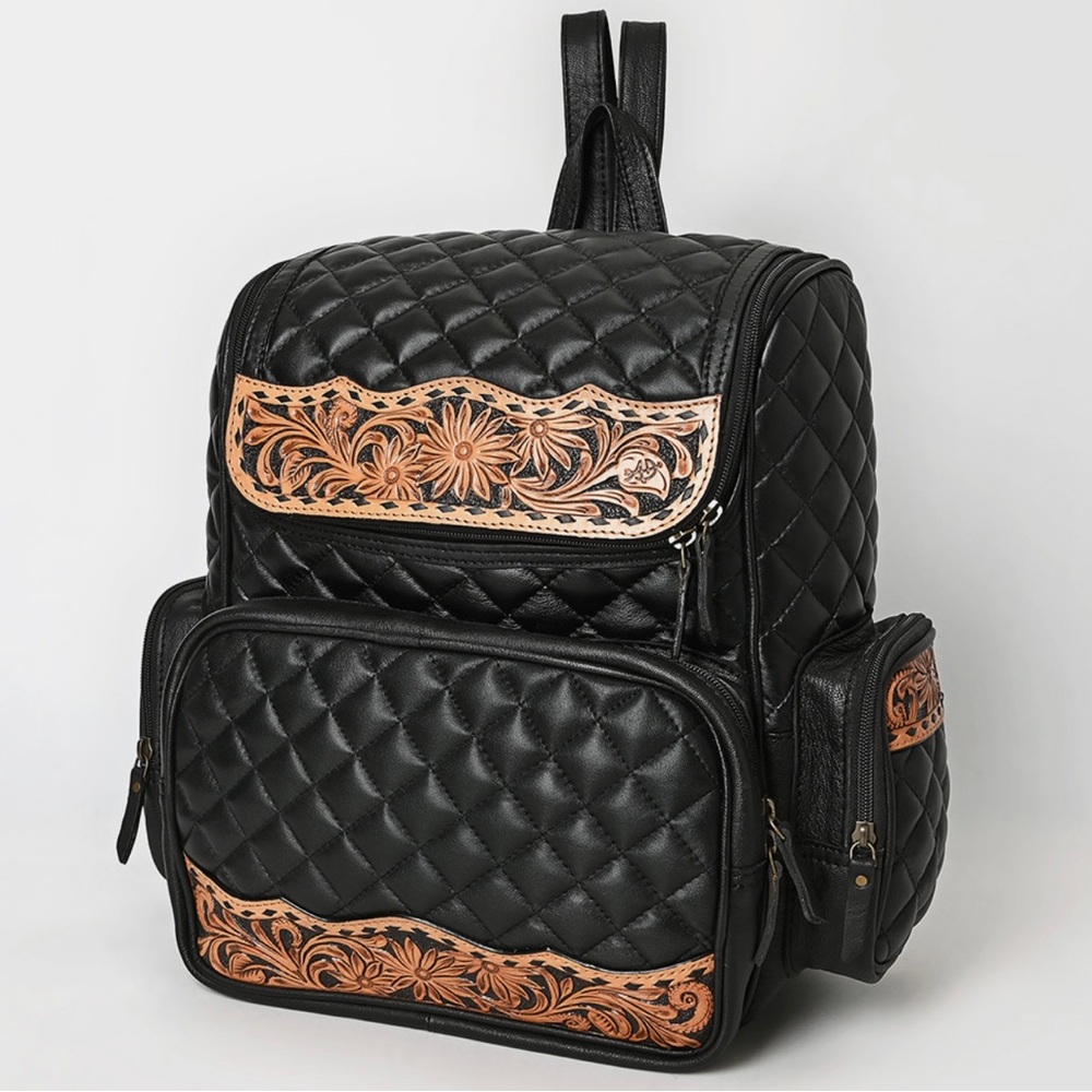 American Darling Black and Tan Quilted Backpack with Leopard Accents